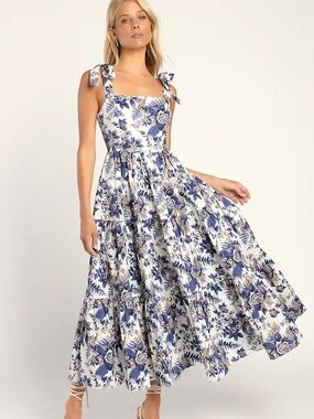 Lulu's White Maxi Sundress with Blue and Beige Floral Print